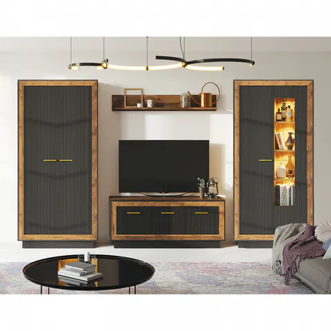 Set Living FOX, 4 corpuri, cu lumini LED, dulap FOX1, vitrina FOX2, comoda FOX4, etajera FOX6, corp eger, fronturi MDF eger + negru, 325x53x201 cm