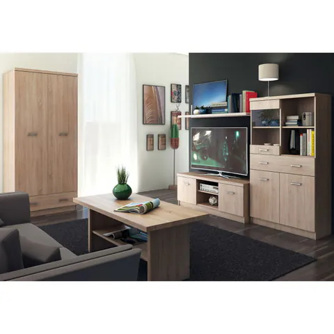 Set Living TOP MIX, 4 piese, dulap 2 usi, comoda TV, vitrina, masuta de cafea, stejar sonoma