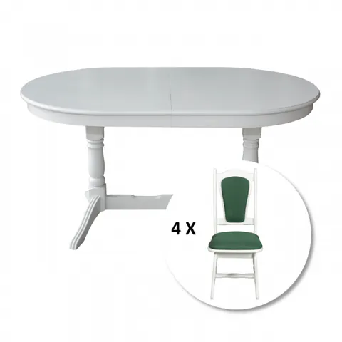 Set masa extensibila EUROPA ovala cu 4 scaune IZA stofa verde, lemn masiv, alb, 160 240x90x70 cm