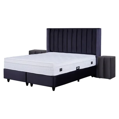 Set Pat tapitat BLACK, 160x200 cm, lada depozitare, negru + Saltea CROWN, cu arcuri, 160x200 cm, H 27 cm + 2 Noptiere BLACKBERRY cu 1 usa