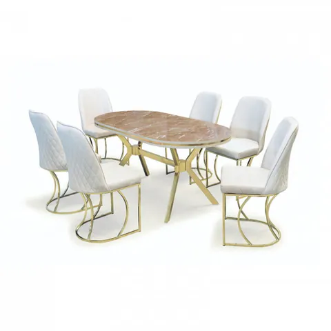 Set TIMARA, masa cu 6 scaune, ovala, 6 persoane, marmura belek + auriu + crem, 160x80 cm
