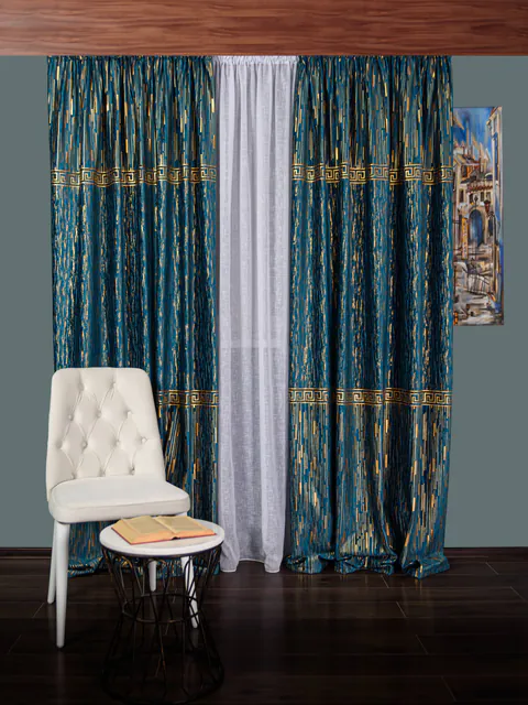 Draperie catifea cu model, albastru/auriu