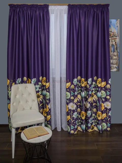 Draperie satin mov,flori multicolore