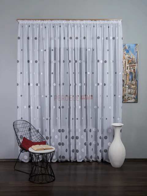 Perdea in brodat, alb/gri, model buline