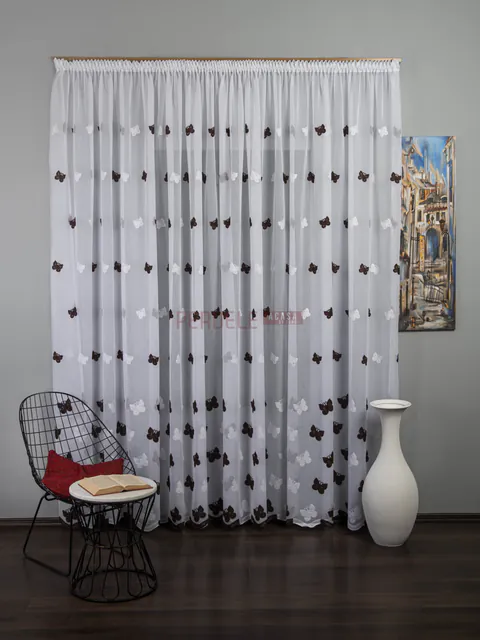 Perdea in brodat, alb/maro, model fluturi