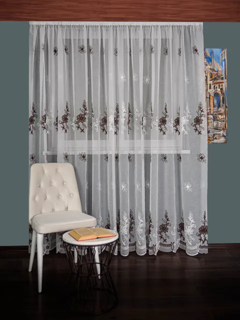 Perdea tip in brodat alb/maro