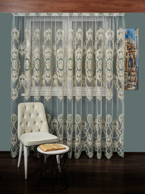 Perdea tulle brodat ivoire/turqoise