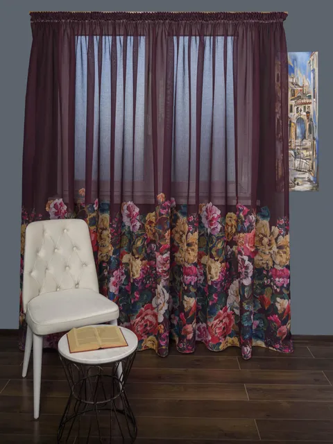 Perdea tip in grena,flori multicolore