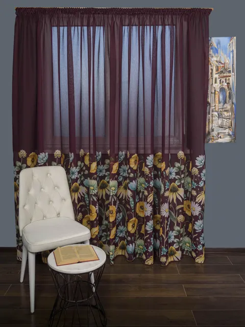 Perdea tip in grena,flori multicolore