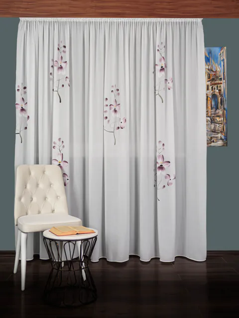 Perdea triplu voal brodat alb/lila