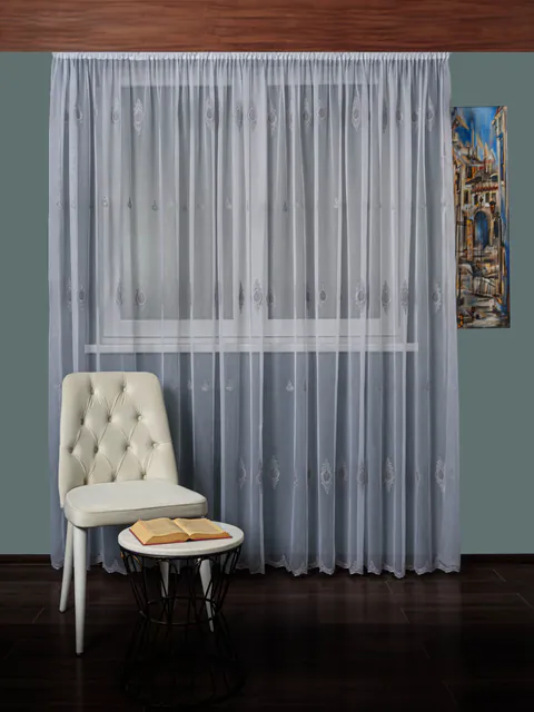 Perdea tulle brodat alb/gri