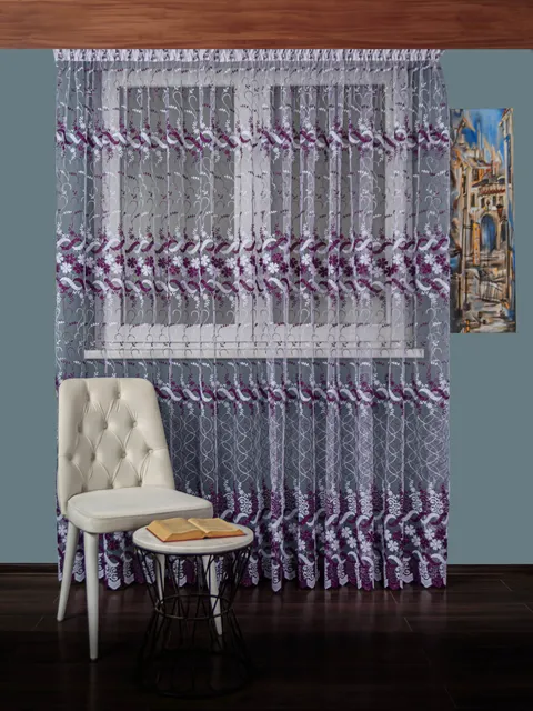 Perdea tulle brodat alb/mov