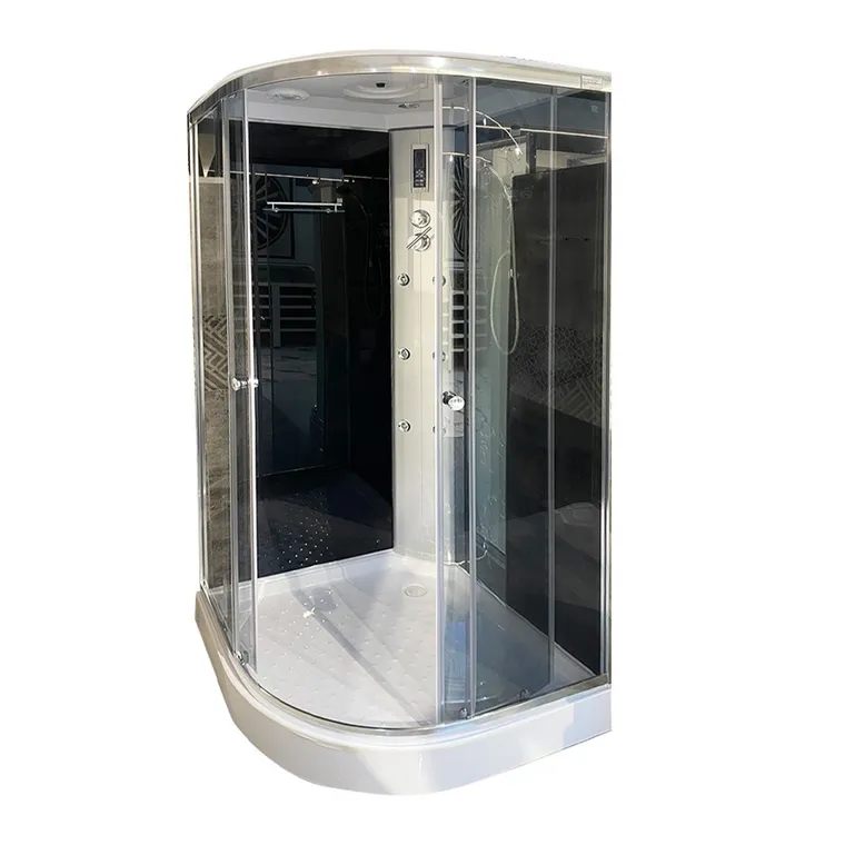 Cabina de dus cu hidromasaj semirotunda Marte sticla gri 4 mm 100x100x215 cm profil argintiu cadita joasa si sifon incluse