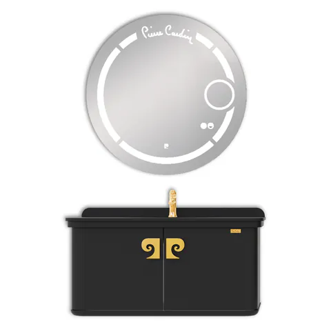 Set mobilier baie Pierre Cardin Eva Led suspendat 3 piese negru-auriu 101 cm