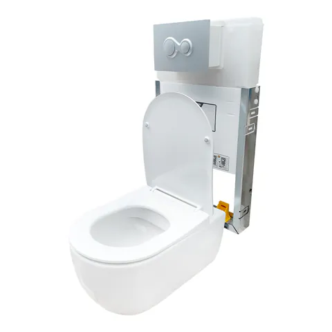 Set vas WC suspendat rimless cu rezervor incastrat Supreme 49 cm + capac duroplast si clapeta de actionare