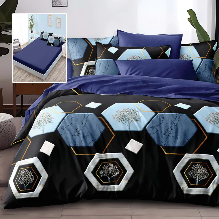 Lenjerie de pat finet 6 piese, cearceaf pat cu elastic, cearceaf pilota 200x230, 2 fete perna 50x70, 2 fete perna 70x70, Extra, Bleumarin