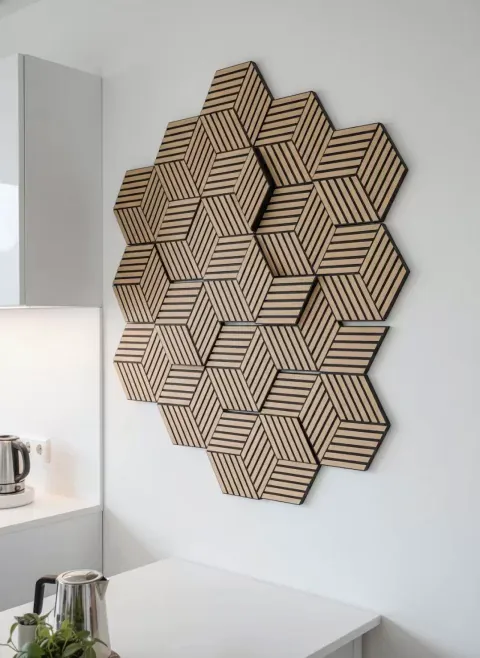 Panou riflaj decorativ, hexagonal – Set 4 Bucati - stejar natur