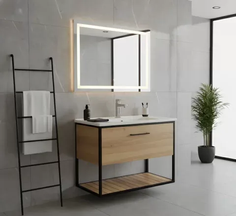 Mobilier baie suspendat Loft Scandi, cu blat si lavoar ceramic, 65 cm