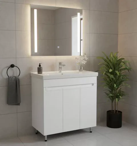 Set mobilier baie pe pardoseala 80 cm, model Omega cu lavoar ceramic