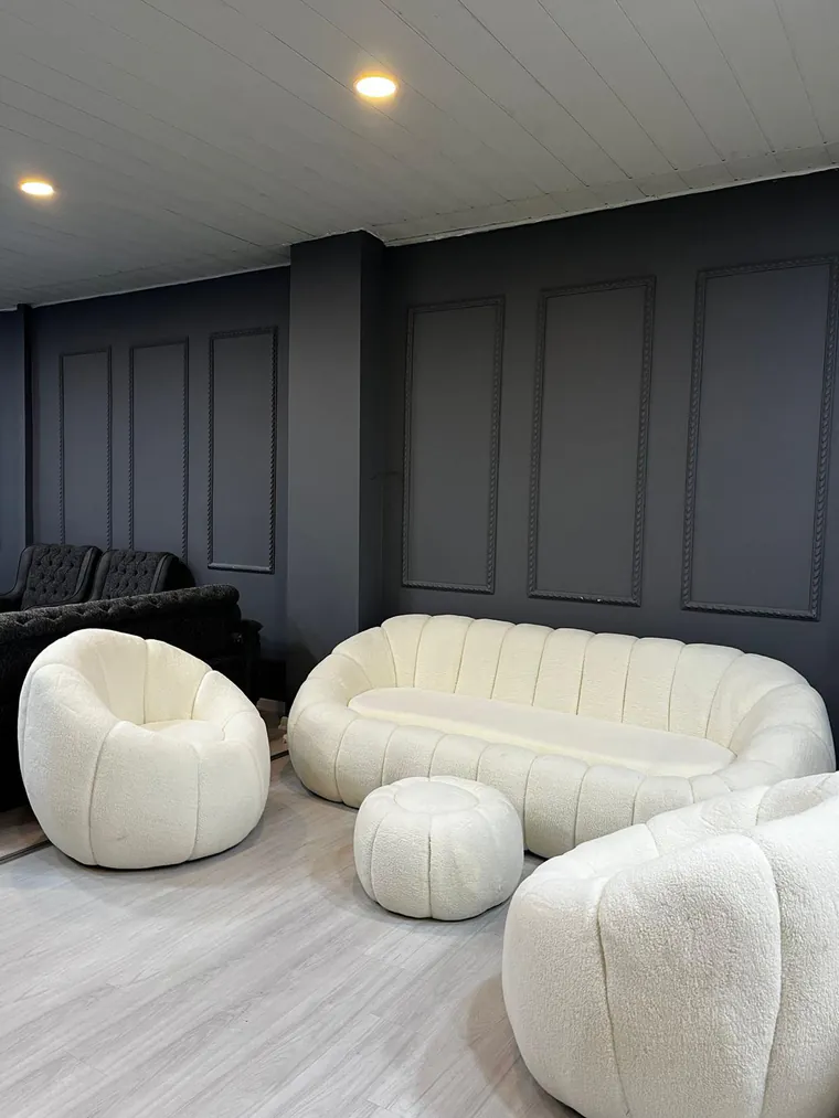 set Cloud Chic – canapea +2 fotolii +taburet din stofă bouclé crem