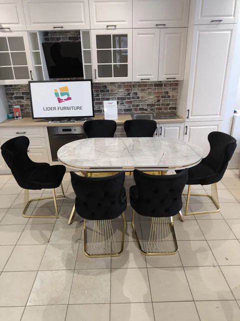 SET STELLA NEGRU CU AURIU MASA+6 SCAUNE, BLAT GRI