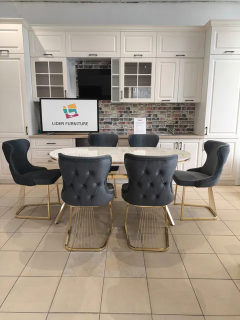 Set stella gri inchis/antracit cu auriu masa+ 6 scaune, blat alb