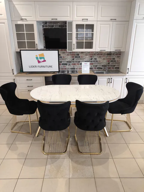 SET STELLA NEGRU CU AURIU MASA+6 SCAUNE, BLAT ALB