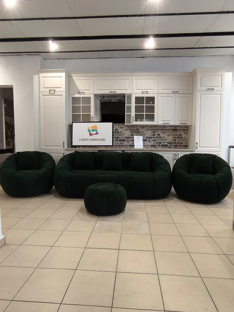 set Cloud Chic – canapea +2 fotolii +taburet din stofă bouclé verde inchis