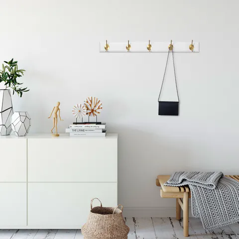 Cuier de perete din lemn, Hanah Home, ASK-005, 65x7x8 cm, Alb/Auriu