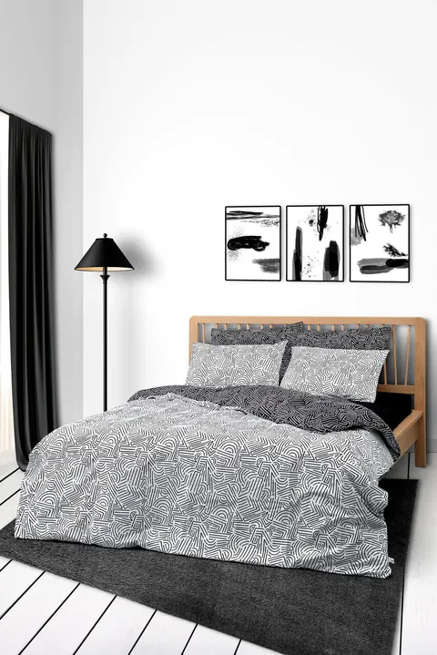 Lenjerie de pat dubla, L'essentiel Maison, Maze, Bumbac Ranforce, Negru