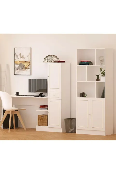 Set birou si biblioteca, Hanah Home, Rb1000401558, 155x150x40 cm, Alb mat