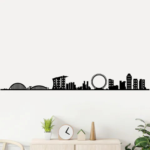 Decoratiune de perete, Singapore Skyline, Dimensiune: 125 x 14 cm, Negru