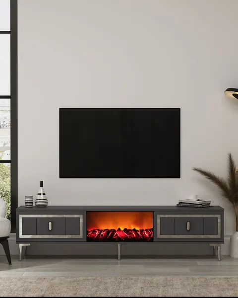 Comoda TV, Hanah Home, Orion Fireplace, 150x44.6x29.6 cm, PAL , Antracit / Argintiu