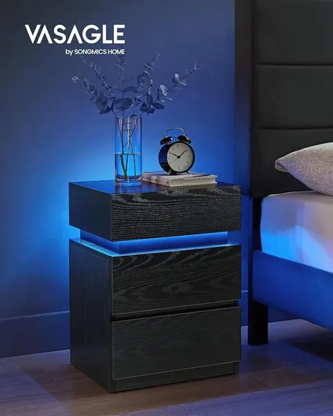 Noptiera cu 3 sertare si iluminare LED, Vasagle, 40x35x55 cm, MDF, negru
