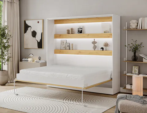 Pat rabatabil orizontal cu biblioteca si iluminare LED, 160x200 cm, ELTAP, Devesto, PAL/metal, alb/natur