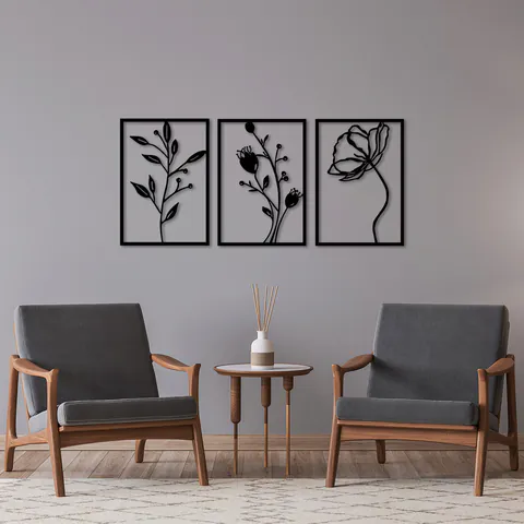 Decoratiune de perete, Flowers, 49 x 70 cm, 3 piese, Negru