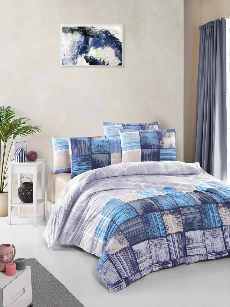 Lenjerie de pat pentru o persoana, L'essentiel Maison, Savina, Albastru / Albastru închis / Bej