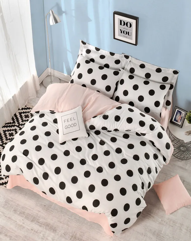 Lenjerie de pat dubla (EU) (IT), 3 piese, L'essentiel Maison, Mixpuan, 65% bumbac/35% poliester, Alb / Negru / Somon