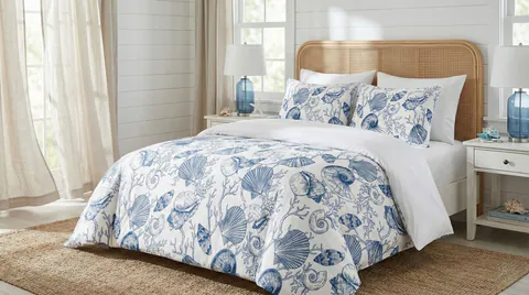 Lenjerie de pat pentru o persoana Single XXL (DE), 2 piese, L'essentiel Maison, Seashelly, Bumbac;Poliester, Albastru/Alb