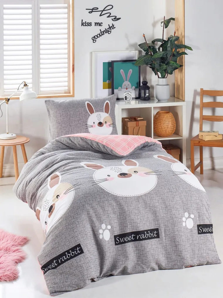 Lenjerie de pat pentru o persoana 2 piese, L'essentiel Maison, Tavşancık, 65% bumbac/35% poliester, Grey / Brown / Beige / Black / Pink