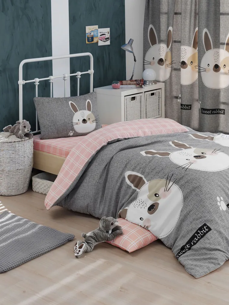 Lenjerie de pat pentru o persoana, L'essentiel Maison, Tavşancık, 65% bumbac/35% poliester, Gri / Maro / Alb / Roz