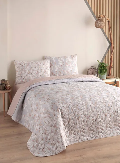 Set cuvertura matlasata dubla King (FR), 3 piese, L'essentiel Maison, Piti Yaprak, 65% bumbac/35% poliester, Roz prafuit