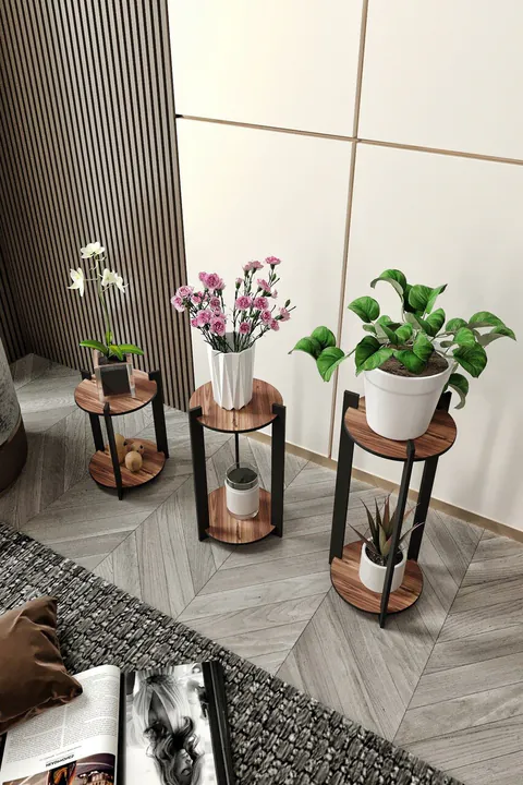 Suport din lemn pentru plante, Hanah Home, Flower Desk Round, Maro