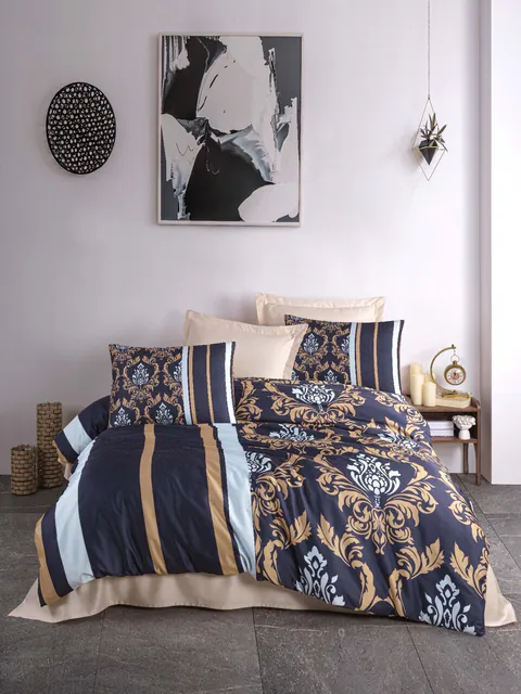 Lenjerie de pat dubla King (EU) (ES), 3 piese, L'essentiel Maison, 487, Albastru închis / Auriu / Alb