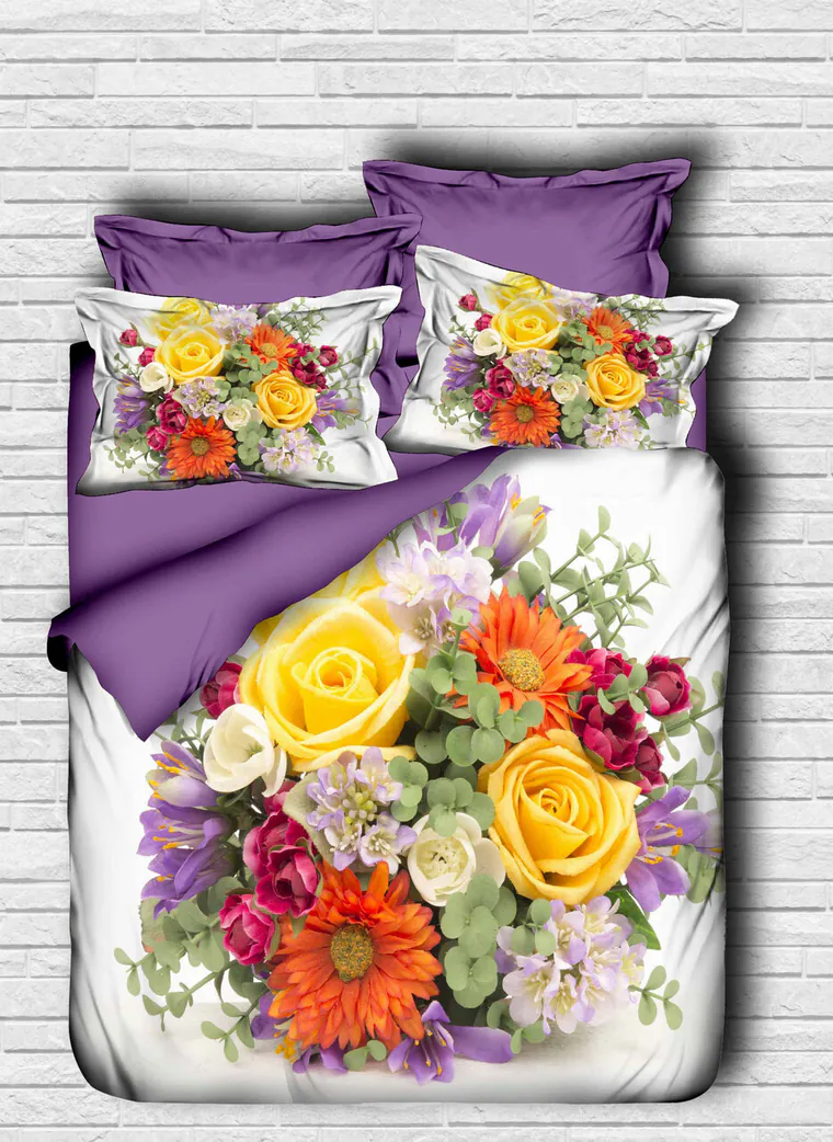 Lenjerie de pat dubla 3 piese, L'essentiel Maison, 105, Lilac / White / Yellow / Orange / Green