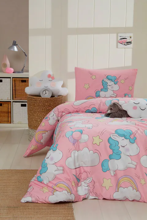 Lenjerie de pat dubla Super King (FR), 3 piese, L'essentiel Maison, Unicornio, Bumbac;Poliester, Roz
