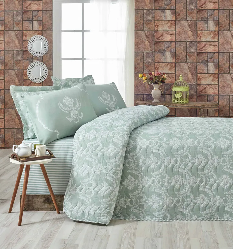 Set cuvertura matlasata Single 160x220 cm, 2 piese, L'essentiel Maison, Pure, 65% bumbac/35% poliester , Sea Green / White