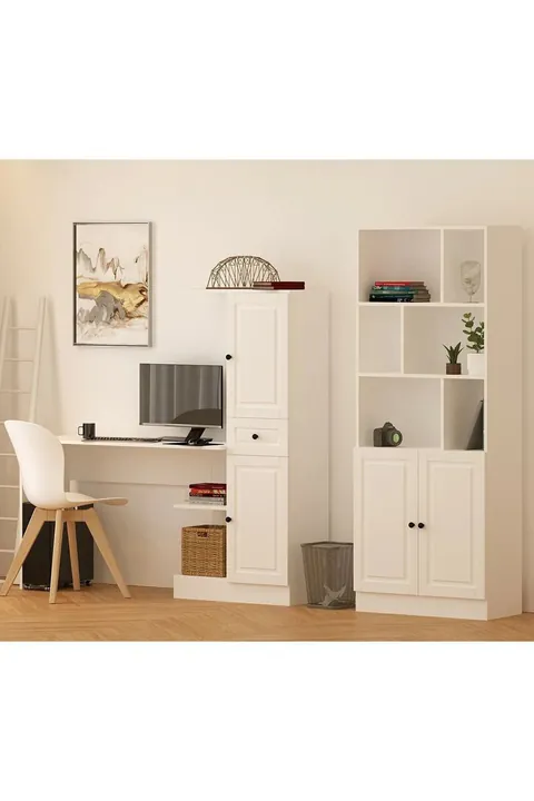 Set birou si biblioteca, Hanah Home, Rb1000401557, 155x150x40 cm, Alb mat