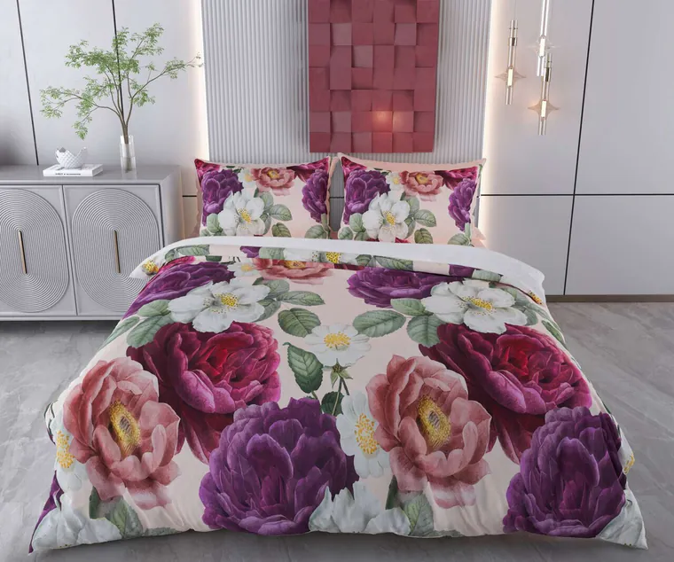 Lenjerie de pat pentru o persoana Single XXL (DE), 2 piese, L'essentiel Maison, Serra, Bumbac;Poliester, Mov / Roșu / Verde / Roz deschis