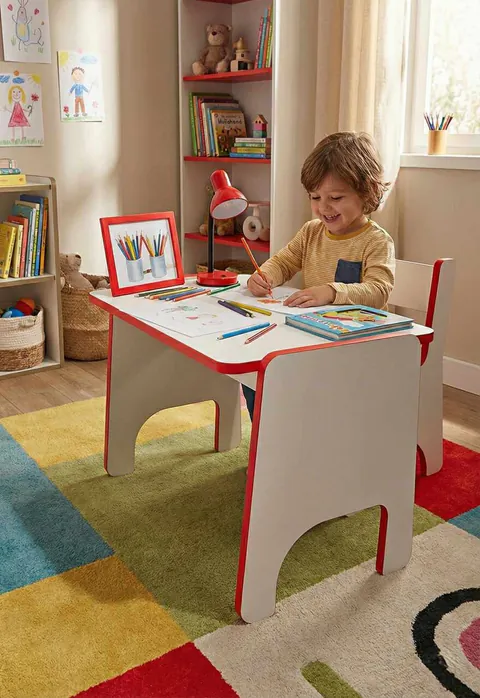 Set masa si scaun pentru copii, Hanah Home, Artmtktbchrset, Rosu/Alb